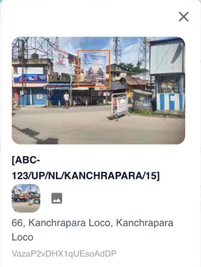 Mobile app detail card with site photo, site ID, and address