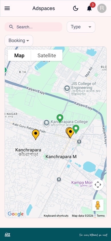 A2Z Adspace mobile app showing field workflows and site status